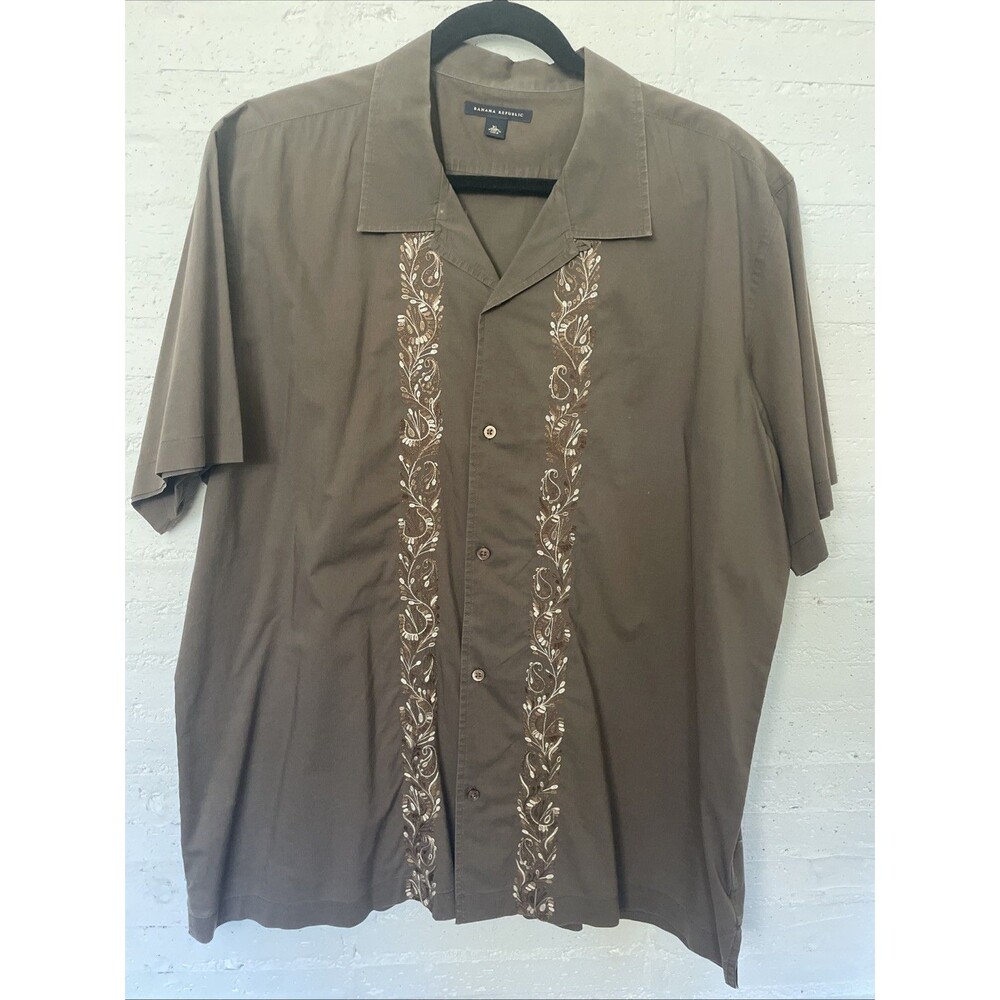 Banana Republic Shirt Mens XL Brown Embroidered Short Sleeve Button-Up Casual